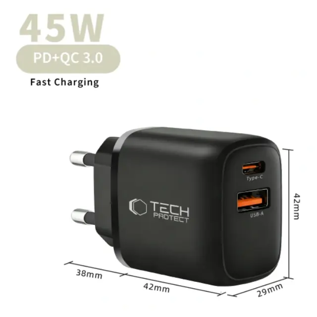 Tech-protect Nca45w-gan 2-port Network Charger Pd 45w / Qc3.0 + Type-c Cable Black 3