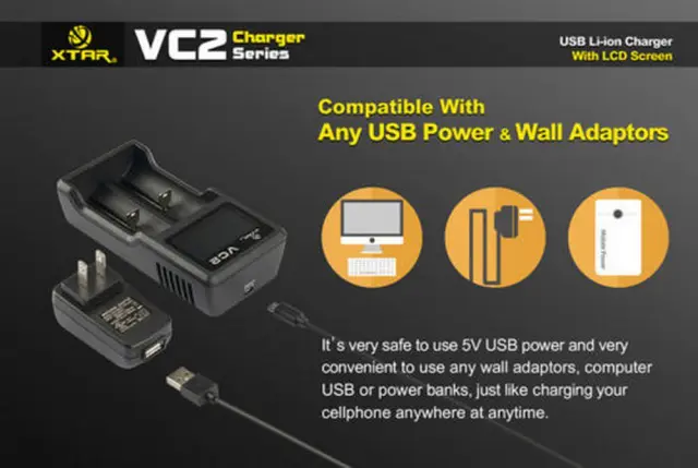 Φορτιστής Μπαταριών Βιομηχανικού Τύπου Xtar VC2 USB, 2 Θέσεων με Ένδειξη Επιπέδου Φόρτισης για 18650/17670/17500 2