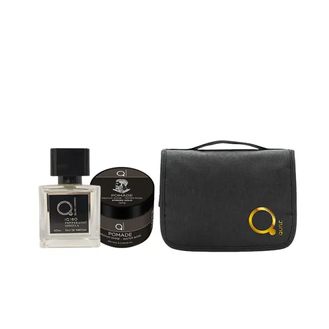Qure Homme eau de parfum Peppermint Vanilla 50ml + Pomade Medium Shine Strong Hold 120g (Set) & Δώρο Τσαντάκι Νεσεσέρ Μαύρο