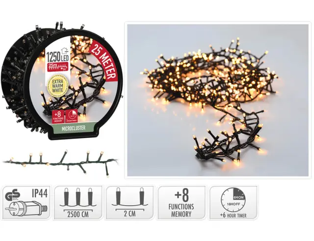 1250 Φωτάκια LED - 25 Μέτρα + 3 Μέτρα σύνδεσης , Kανονική Διάταξη, με χειριστήριο, 8 προγράμματα, Πράσινο καλώδιο PVC - Θερμό λευκό AX8521140