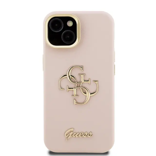 Guess PU Grained 4G Logo Stand Camera Frame Case for iPhone 15 Pro Pink