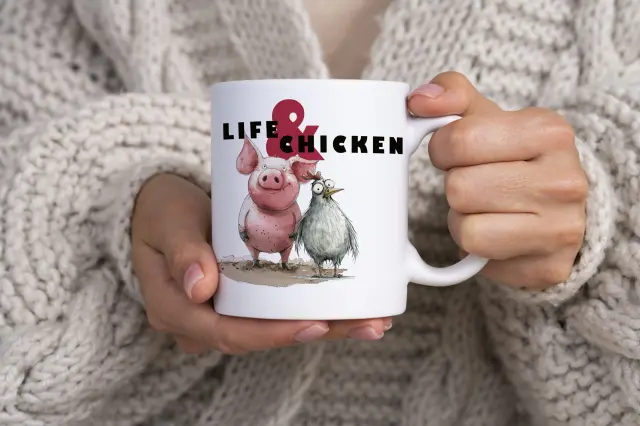 Κούπα κεραμική λευκή 325ml σχέδιο LIFE + CHICKEN