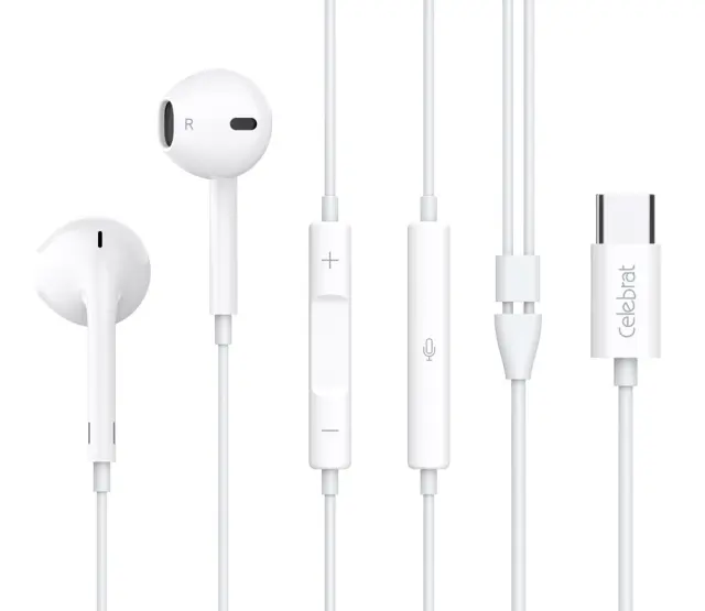 CELEBRAT earphones με μικρόφωνο E500, USB-C σύνδεση, Φ14mm, 1.2m, λευκά