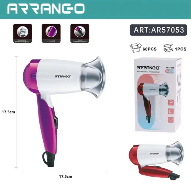 Πιστολάκι Μαλλιών Ταξιδιού Arrango AR57053 Κόκκινο 2