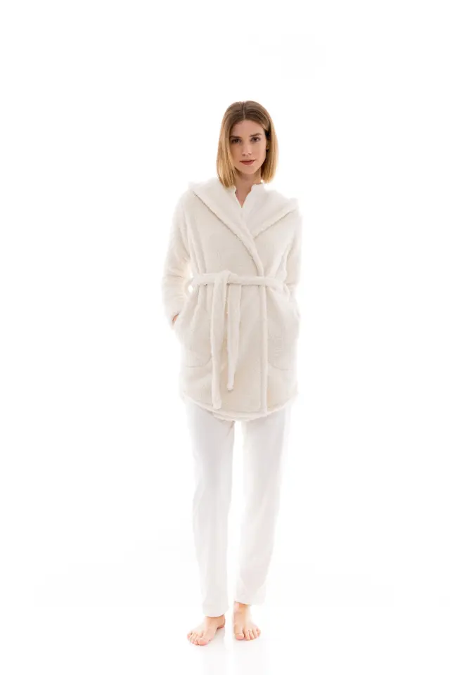 W1478 - White - ROBE HOOD FLEECE FLUFFY