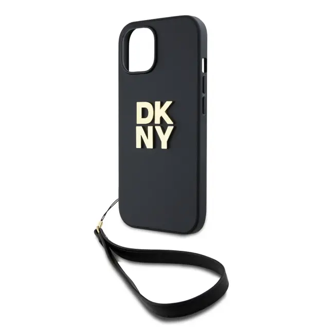DKNY PU Leather Stack Logo Wrist Strap Case for iPhone 14 Black 3