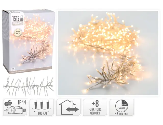 1512 Φωτάκια LED - 11 Μέτρα + 3 Μέτρα σύνδεσης, Κανονική Διάταξη, με χειριστήριο, 8 προγράμματα, Διάφανο καλώδιο PVC - Θερμό Λευκό AX8550450
