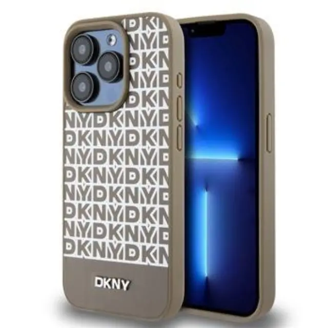 DKNY PU Leather Repeat Pattern Bottom Stripe MagSafe Case for iPhone 13 Pro Max Brown