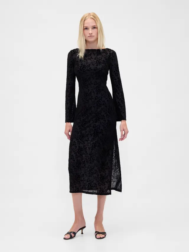 Βελούδινο Midi Φόρεμα με Μανίκι Καμπάνα Black floral