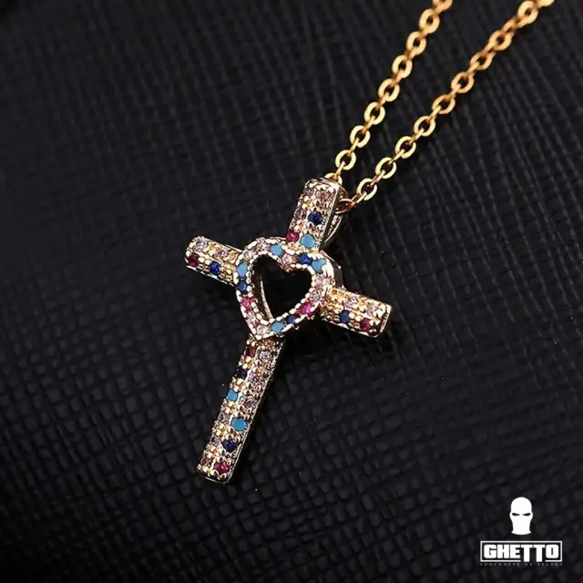 Ghetto Colourful CZ Cross 18k Pendant Necklace Full Diamond Hollow Heart 2