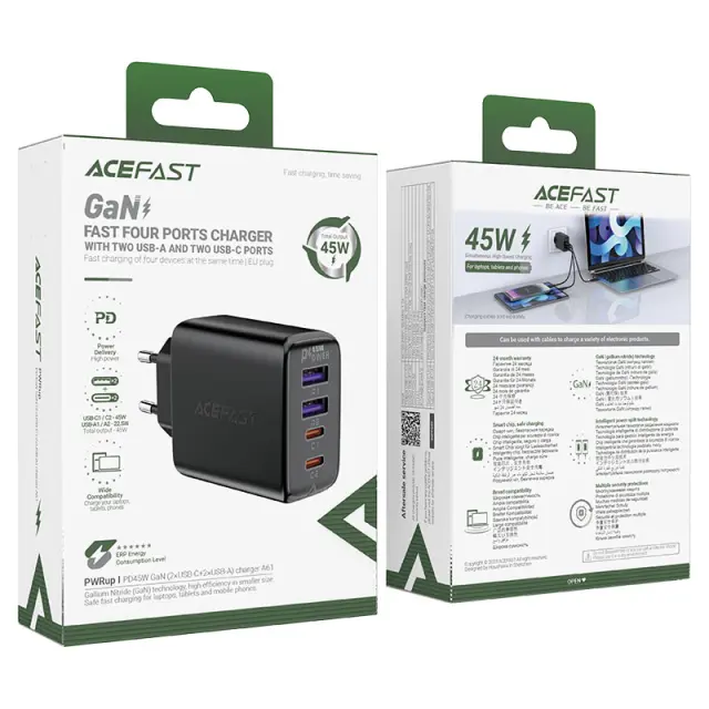 Φορτιστής Ταξιδίου Acefast A61 Fast Charging με 2xUSB-C + 2xUSB-A PD45W GaN Μαύρο 2