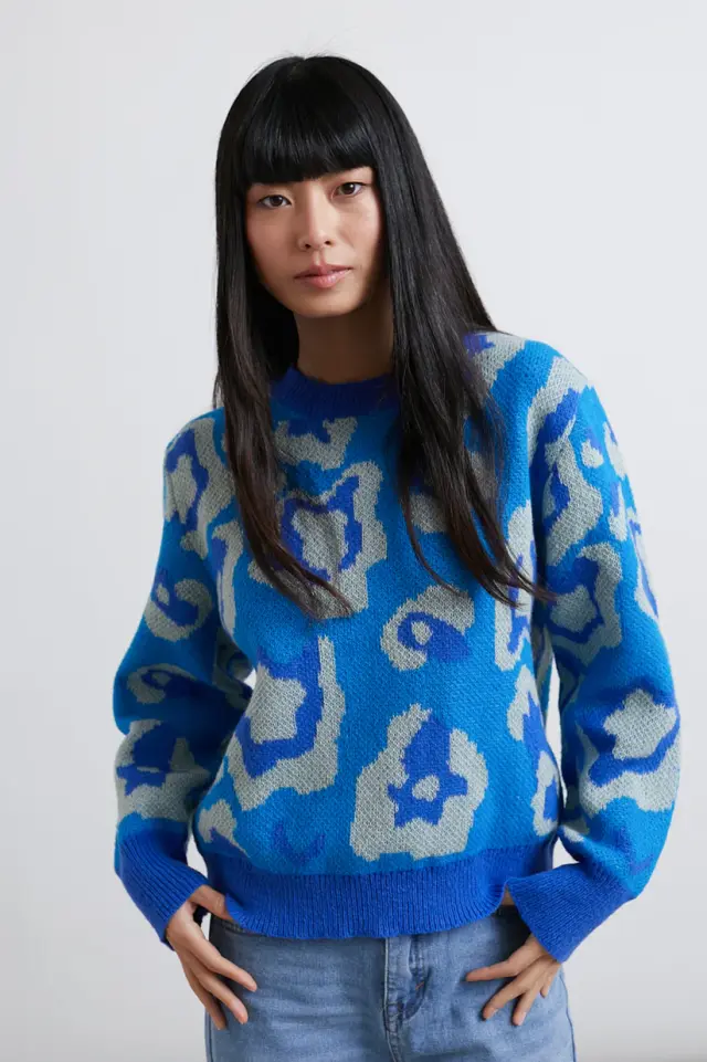 24COLOURS Sweater With Floral Design Γυναικείο Πουλόβερ Polyester/Wool Loose Fit - Blue 41164b - XS