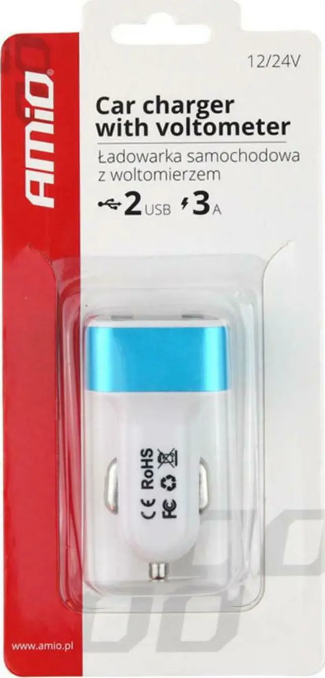 AMiO Φορτιστής Αυτοκινήτου Λευκός 3A με Θύρες: 2xUSB και Βολτόμετρο Μπαταρίας 01028 3