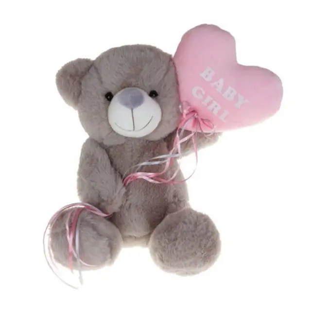 Much Toys & Gifts Αρκουδάκι Λούτρινο 25cm Γκρι Με Ροζ Μπαλόνι Καρδιά J252515