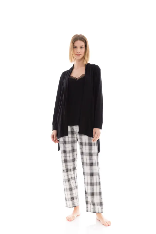 W1423 - Skin - PYJAMA 3PCS BEIGE -BLACK PLAID - S