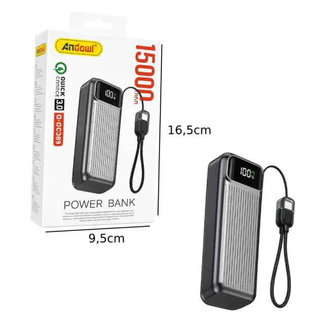 Andowl Power Bank 15000mAh Ταχείας Φόρτισης με Ψηφιακή Οθόνη & Ενσωματωμένο Καλώδιο Q-DC389 - Fast Charging Power Bank with Digital Display 0751223 2