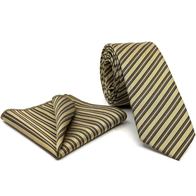 Χρυσαφί Ριγέ Γραβάτα Microfiber Σετ με Μαντήλι Σχέδιο 285/B