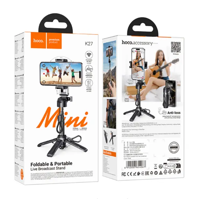 Βάση Στήριξης και Selfie Stick Hoco K27 Magic Mini για Συσκευές 4.5"- 7" με Τηλεχειρισμό Bluetooth v5.2 55mAh και Δυνατότητα Επέκτασης 2