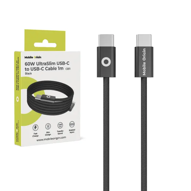 Mobile Origin 60W UltraSlim USB-C to USB-C Cable 1 m CB11 Black