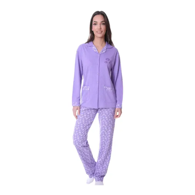 Lydia Creations Γυναικεία Πυτζάμα Κουμπωτή Rib LC, Χρώμα Λιλά