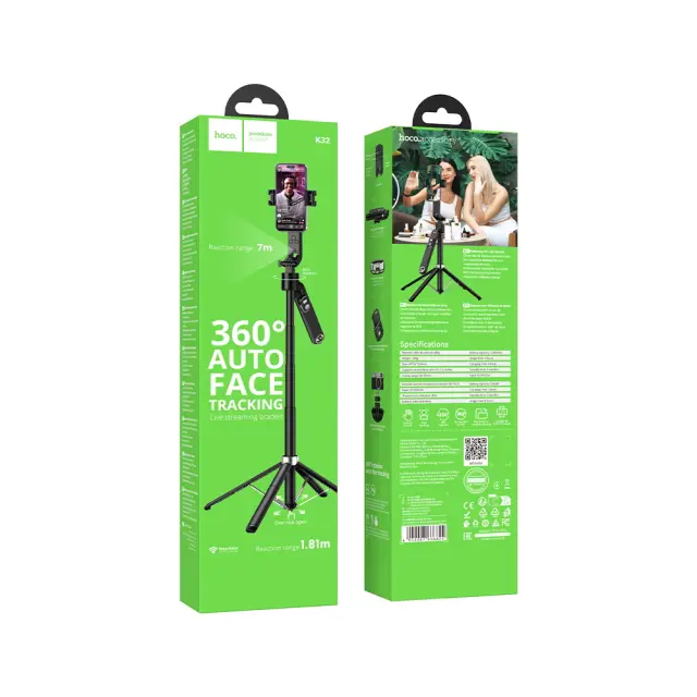 Selfie Stick Hoco K32 Soporte και Τρίποδο για Συσκευές 4.5"- 7" Επεκτεινόμενo εως 1.81m με Τηλεχειριστήριο και Auto Face Tracking Μαύρο 2
