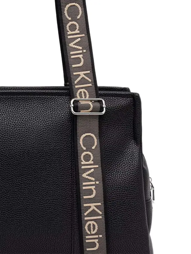 Calvin Klein Γυναικεία Μεγάλη Τσάντα Tote Webbing Strap Logo Adjustable Μαύρη Μπεζ 3