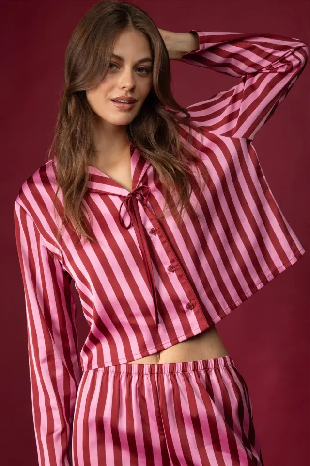 Admas Luxury Γυναικεία Σατέν Πιτζάμα Κουμπωτή Ριγέ Love Pink