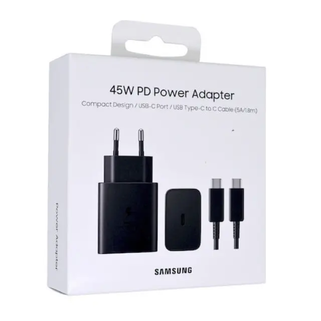 Samsung Φορτιστής με Θύρα USB-C και Καλώδιο USB-C - USB-C 45W Power Delivery Μαύρος