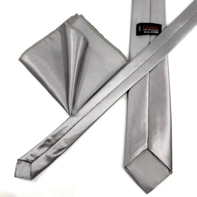Ασημί Dark Silver Γραβάτα Σατέν Ματ 6,5 cm με Ασορτί Μαντήλι 3