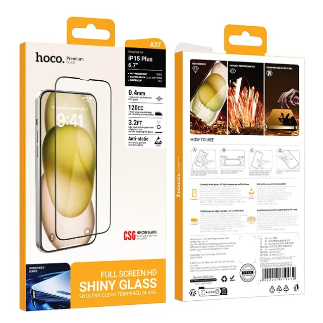 Tempered Glass Hoco Premium Series A37 120CC Large Arc Edges Dustproof 0.4mm 3D Anti-Static για Apple iPhone 16 Plus 15 Plus 2