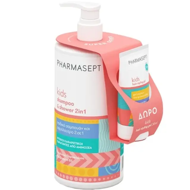 Pharmasept Kids 2in1 Shampoo & Shower 1L + ΔΩΡΟ Kids Hair Styling Gel 30ml – Παιδικό Σετ Καθαρισμού & Styling