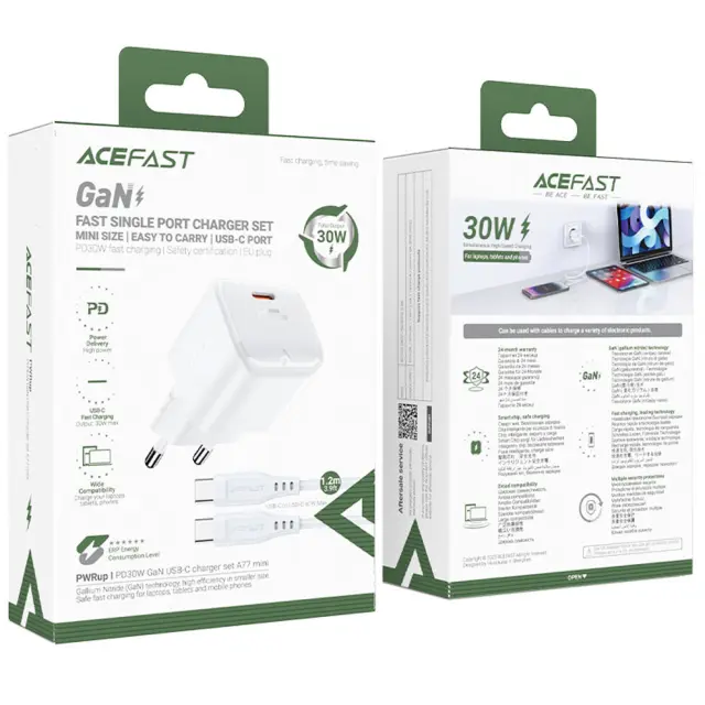 Φορτιστής Ταξιδίου Acefast A77 Mini Fast Charging 1xUSB-C PD30W QC3.0 GaN Λευκός + Καλώδιο USB-C σε USB-C 2
