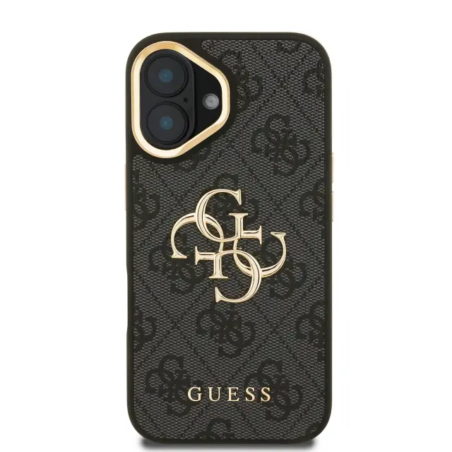 Guess PU 4G Metal Logo Stand Camera Frame Case for iPhone 16 Black 3