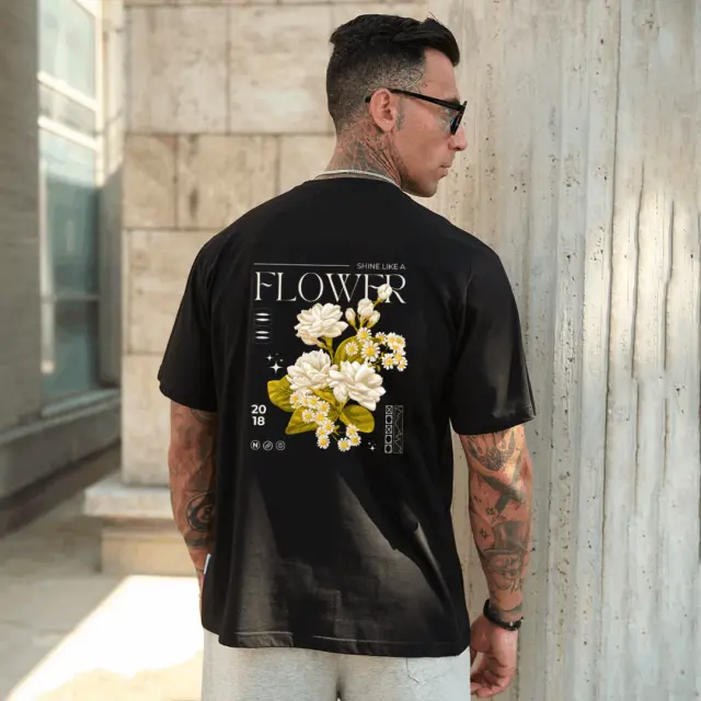 T-shirt Noshame® Oversized Μαύρο με τύπωμα Flower - 142699 - XXL
