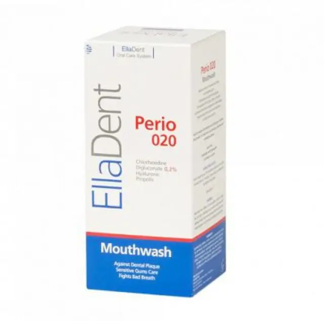 ELLADENT Perio 020 Mouthwash Στοματικό Διάλυμα με Διγλυκονική Χλωρεξιδίνη 0.20%, Υαλουρονικό Οξύ + Πρόπολη Κατά της Οδοντική Πλάκας 250ml