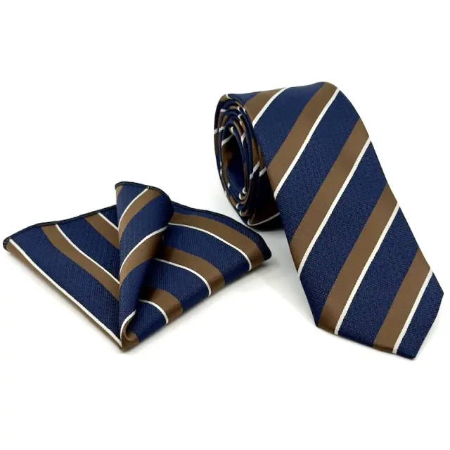 Navy - Μπλε Ριγέ Γραβάτα Microfiber Σετ με Μαντήλι 7,5 cm Modern Fit Σχέδιο 364