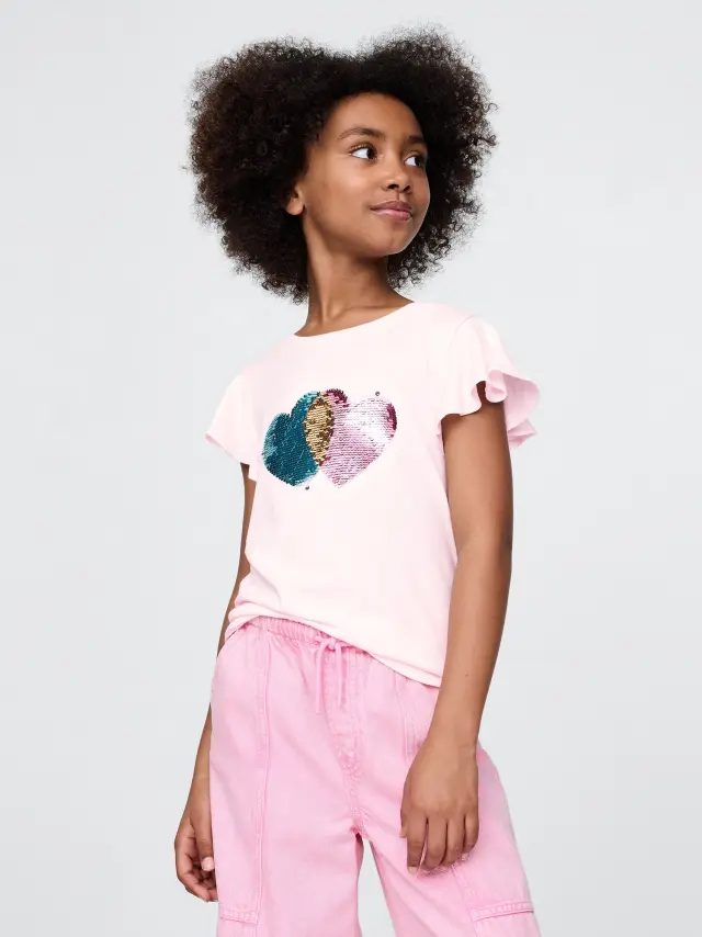 Ροζ Παιδική Flippy-Sequin Flutter Sleeve Graphic Μπλούζα CHERRY BLOSSOM - L