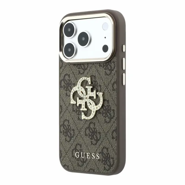 Guess PU 4G Strass Metal Logo Case for iPhone 18 Pro Brown 2