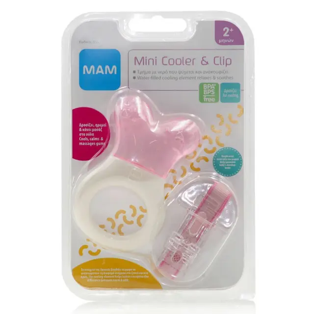 Mam Mini Cooler & Clip Μασητικό Πολύκρικος Οδοντοφυΐας με Νερό & Κορδέλα Στήριξης 2+ μηνών (555G) Ροζ, 1τμχ 2