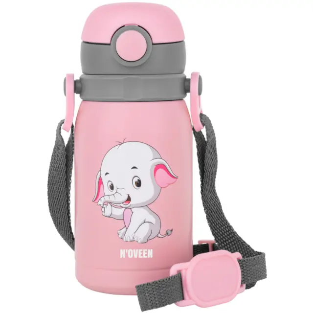 Ποτήρι Θερμός Kids N'oveen TB566 Ανοξείδωτο & Πλαστικό 300ml με Διπλό Τοίχωμα Λουράκι και Εναλλάξιμα Καπάκια Ρόζ 2