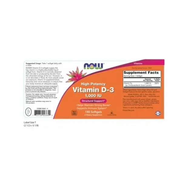 Now Foods Vitamin D3 1000IU 180 softgels (733739003652) 2