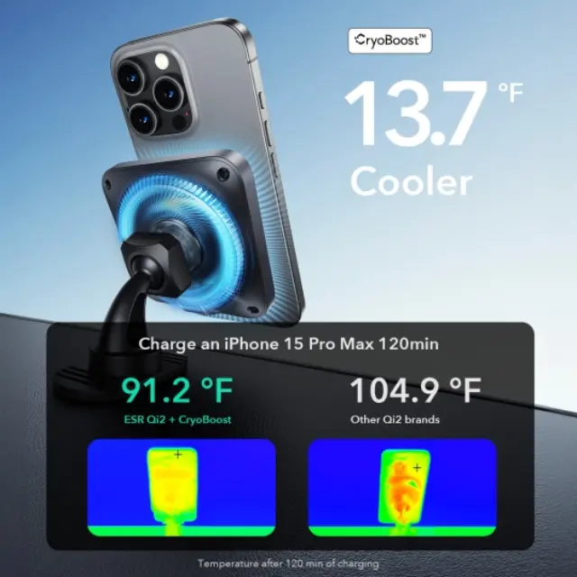 Esr Halolock Cryoboost Magnetic Magsafe Dashboard & Vent Car Mount Wireless Charger Qi2 15w Frosted Onyx 2