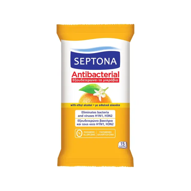 Septona Antibacterial, Αντιβακτηριδιακά Μαντήλια Χεριών με Άρωμα Πορτοκάλι, 15 τεμάχια