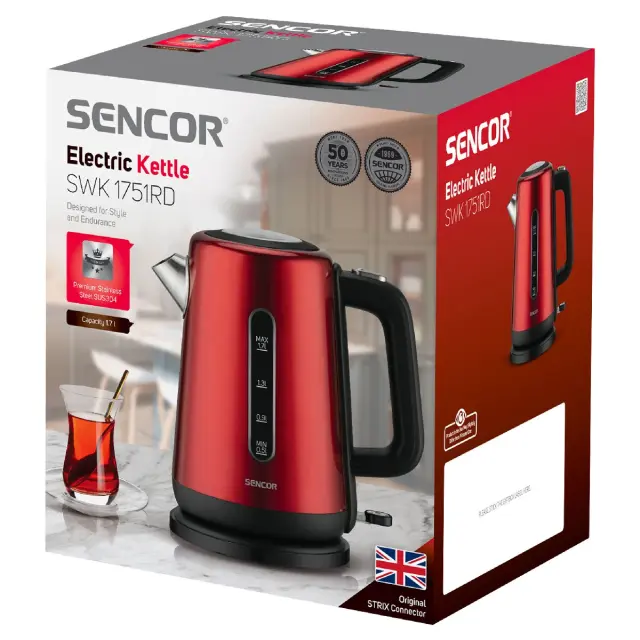 Βραστήρας Sencor SWK 1751RD Premium 360° STRIX 1.7lt 2200W απο Ανοξείδωτο Ατσάλι και Δείκτη Στάθμης Κόκκινος 2