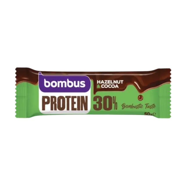 BOMBUS Μπάρα Πρωτεϊνης Raw 30% με επικάλυψη Σοκολάτας & Φουντούκι 50g
