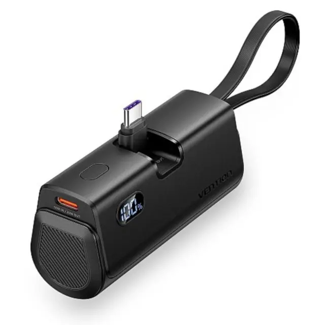 VENTION LED Display 4800mAh Power Bank (USB-C + Lightning + USB-C) 22.5W Black Foldable USB-C Type (FHQB0) (VENFHQB0)