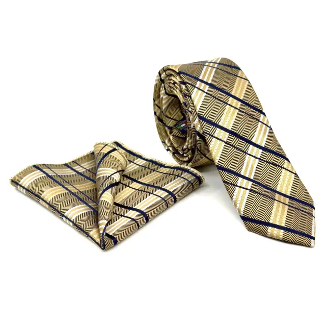 Μπεζ–Μπλε Γραβάτα Καρό Microfiber Σετ με Μαντήλι 6,5 cm