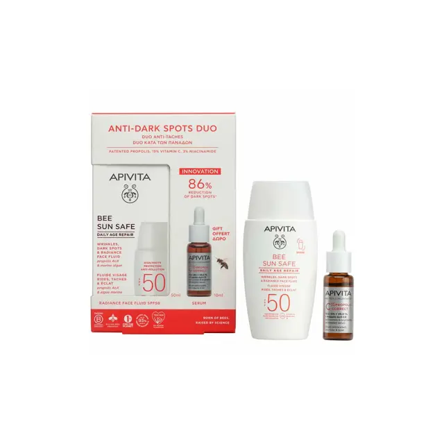Apivita Promo Anti-Dark Spots Duo Bee Sun Safe Daily Age Repair Dry Touch Λεπτόρευστη Κρέμα Προσώπου κατά των Πανάδων & Ρυτίδων SPF50, 50ml & Δώρο C15 Propolis Correct Serum Αντιρυτιδικός & Αντιοξειδωτικός Ορός Λάμψης, 10ml, 1σετ