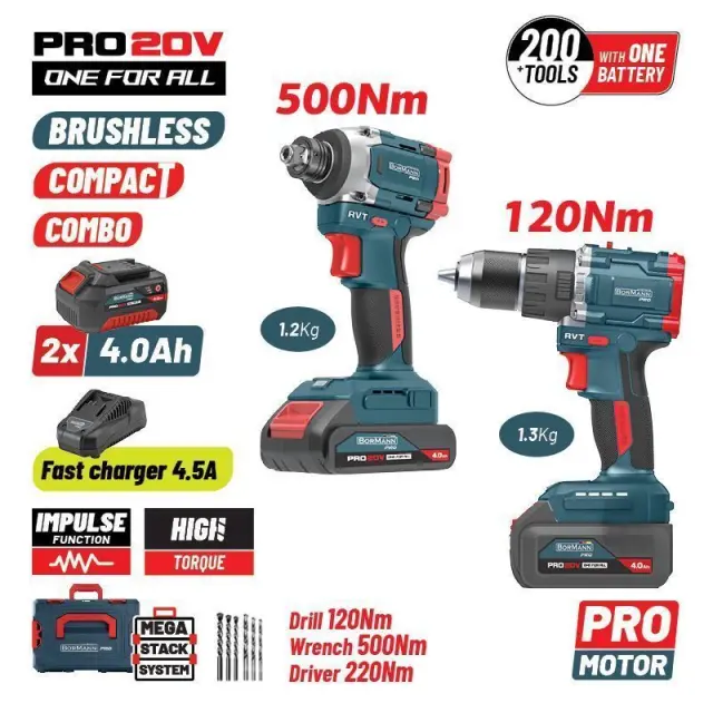 Bormann Pro BBP5465X44T2CA - Σετ Compact Brushless Κρουστικό Δραπανοκατσάβιδο &Μπουλονόκλειδο 2σε1 (085263)