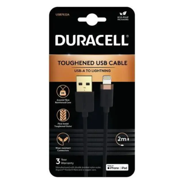 Καλώδιο Σύνδεσης USB 2.0 Duracell Braided Kevlar USB A σε MFI Lightning 15W 2m Μαύρο N57514